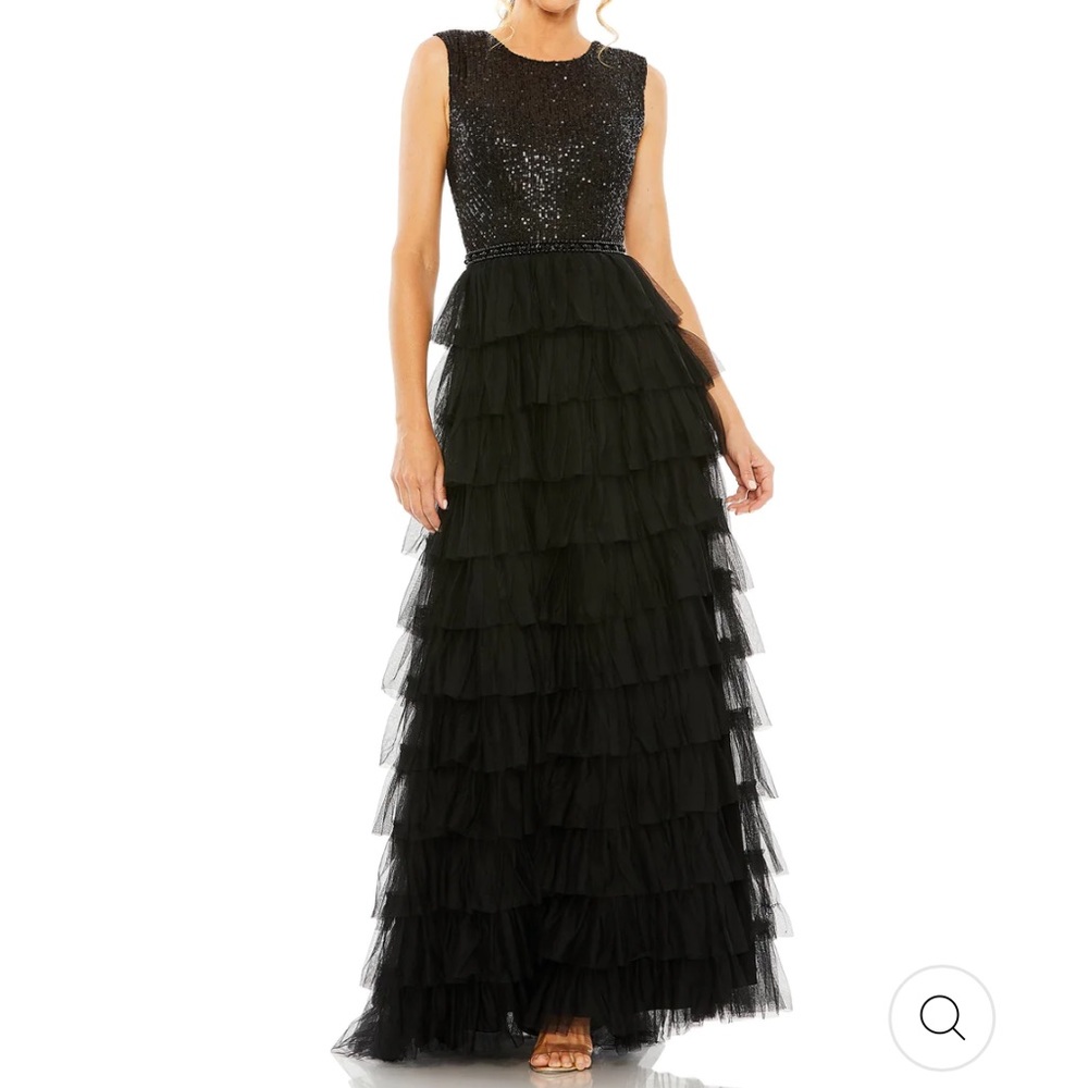Mac Duggal Black Sequin Bodice Tiered Tulle Gown